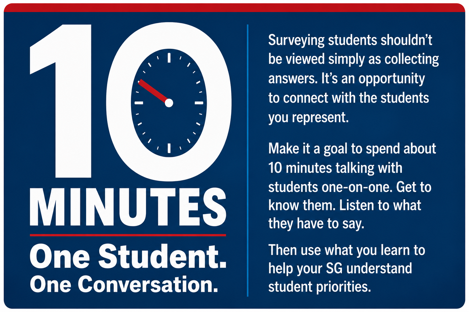 10 Minutes. One Student. One Conversation. Surveying students shouldn't be viewed simply as collecting answers. It's an opportunity to connect with the students you represent. Make it a goal to spend about 10 minutes talking with students one-on-one. Get to know them. Listen to what they have to say. Then use what you learn to help your SG understand student priorities.